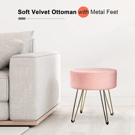 Ottomans : Round Velvet Ottoman Vanity Chair with Gold Metal Legs