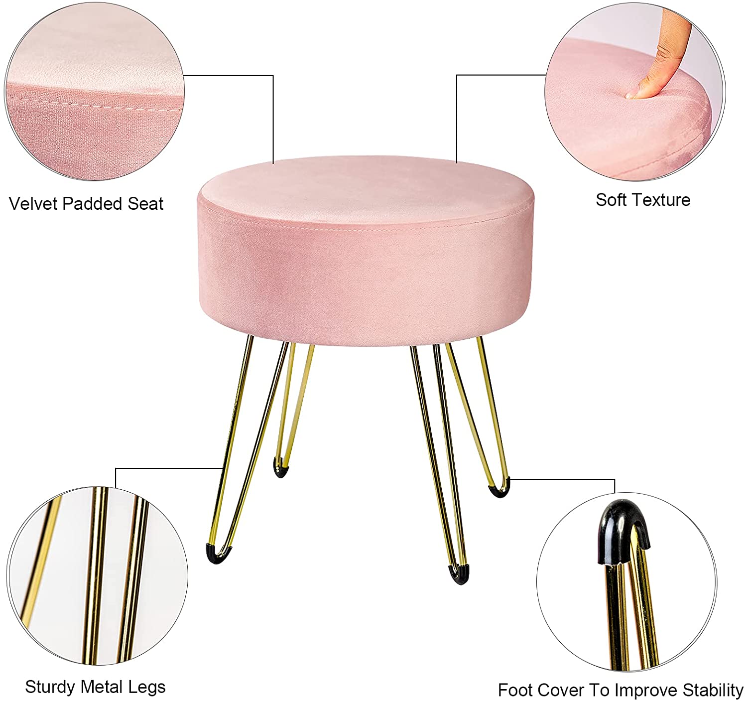 Ottomans : Round Velvet Ottoman Vanity Chair with Gold Metal Legs