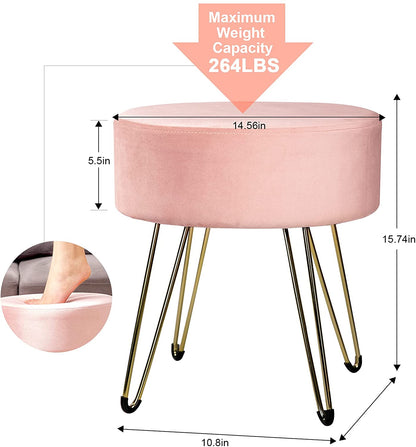 Ottomans : Round Velvet Ottoman Vanity Chair with Gold Metal Legs