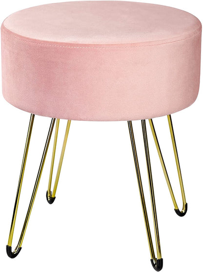 Ottomans : Round Velvet Ottoman Vanity Chair with Gold Metal Legs