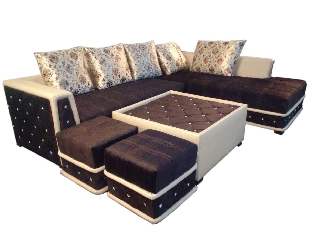 QUALITY ASSURE FURNITURE H-L Shape Sofa Set with Center Table and 2 Puffy (Brown)