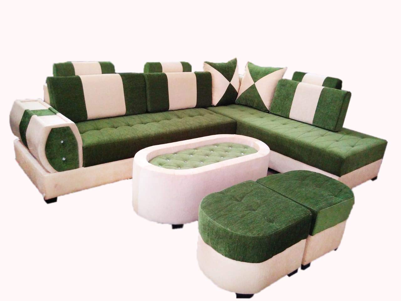 lookchup Maharajah C-L Shape Sofa Set with Center Table and 2 Puffy (Cream and Green)