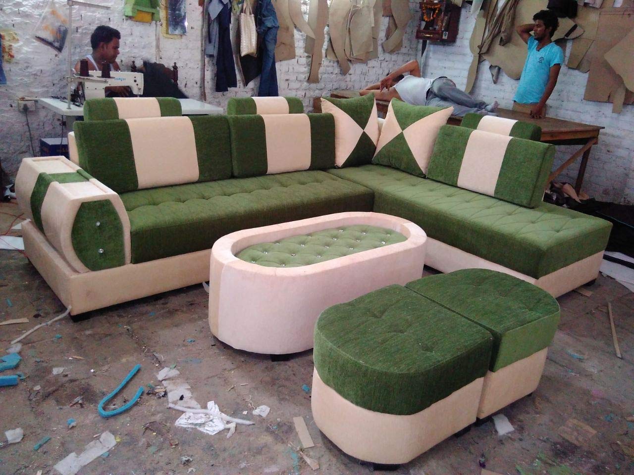 QUALITY ASSURE FURNITURE Maharajah C-L Shape Sofa Set with Center Table and 2 Puffy (Cream and Green)