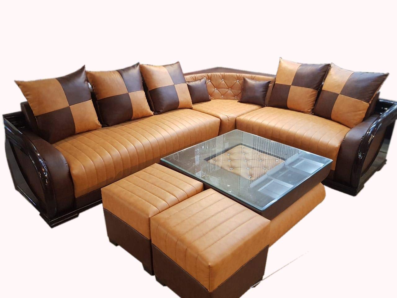 L Shape Sofa Set:- Leatherette Sofa Set and 2 Puffy (Darksalmon and Brown)