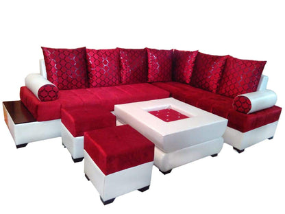 L Shape Sofa Set:- Half Leatherette Sofa Set and 2 Puffy (Red and White)