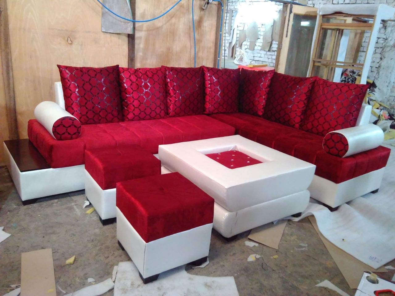 L Shape Sofa Set:- Half Leatherette Sofa Set and 2 Puffy (Red and White)
