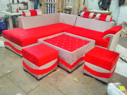 QUALITY ASSURE FURNITURE Maharajah Wooden and Fabric L Shape Sofa Set with Center Table and 2 Puffy (Red and Grey)