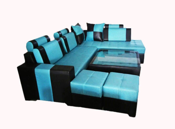 QUALITY ASSURE FURNITURE N-L Shape Sofa Set with Center Table and 2 Puffy (Sky Blue and Black, Standard Size)