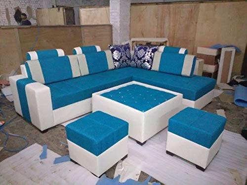 QUALITY ASSURE FURNITURE V-L Shape Sofa Set with Center Table and 2 Puffy (Blue and White)