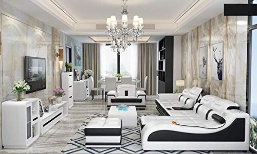 L Shape Sofa Set:-Minimalist Sectional Hardwood Leatherette Luxury Furniture Sofa Set  (White and Black)