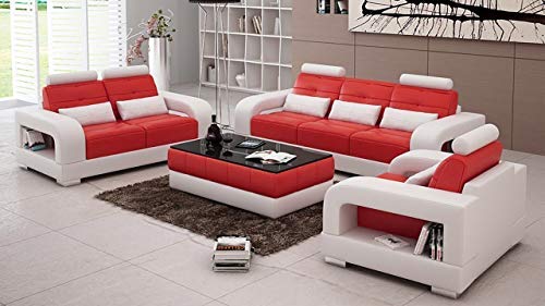 6 Seater sofa Set:- Spanish Leatherette 6 Seater Sofa Set with Center Table (White and Red)