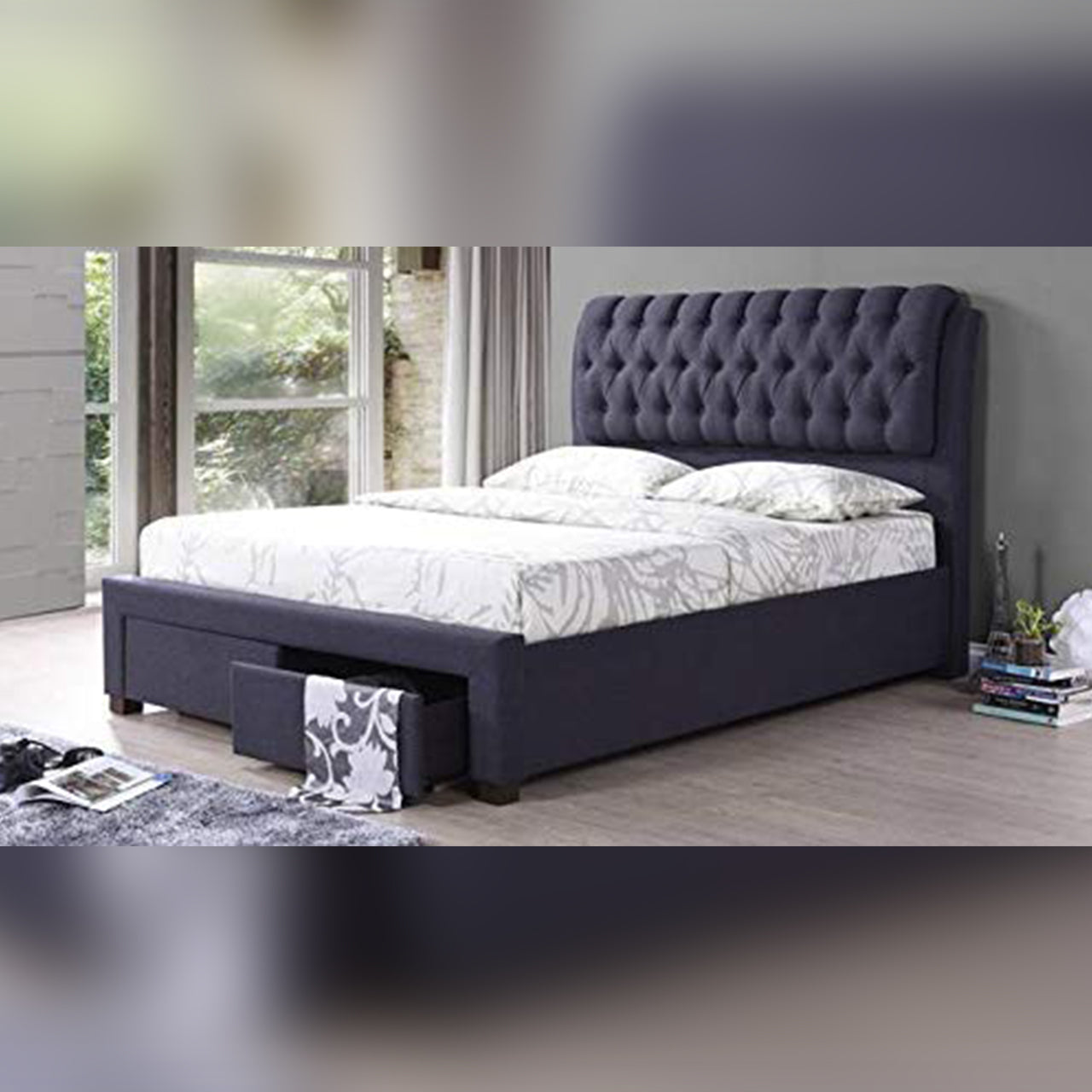 Queen Size Bed  Charcoal Grey Upholstered Storage Bed