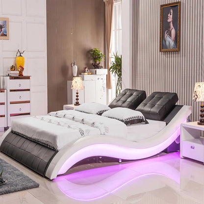 Queen Size: Black & White Leatherette Queen Size Smart Bed with LED Light