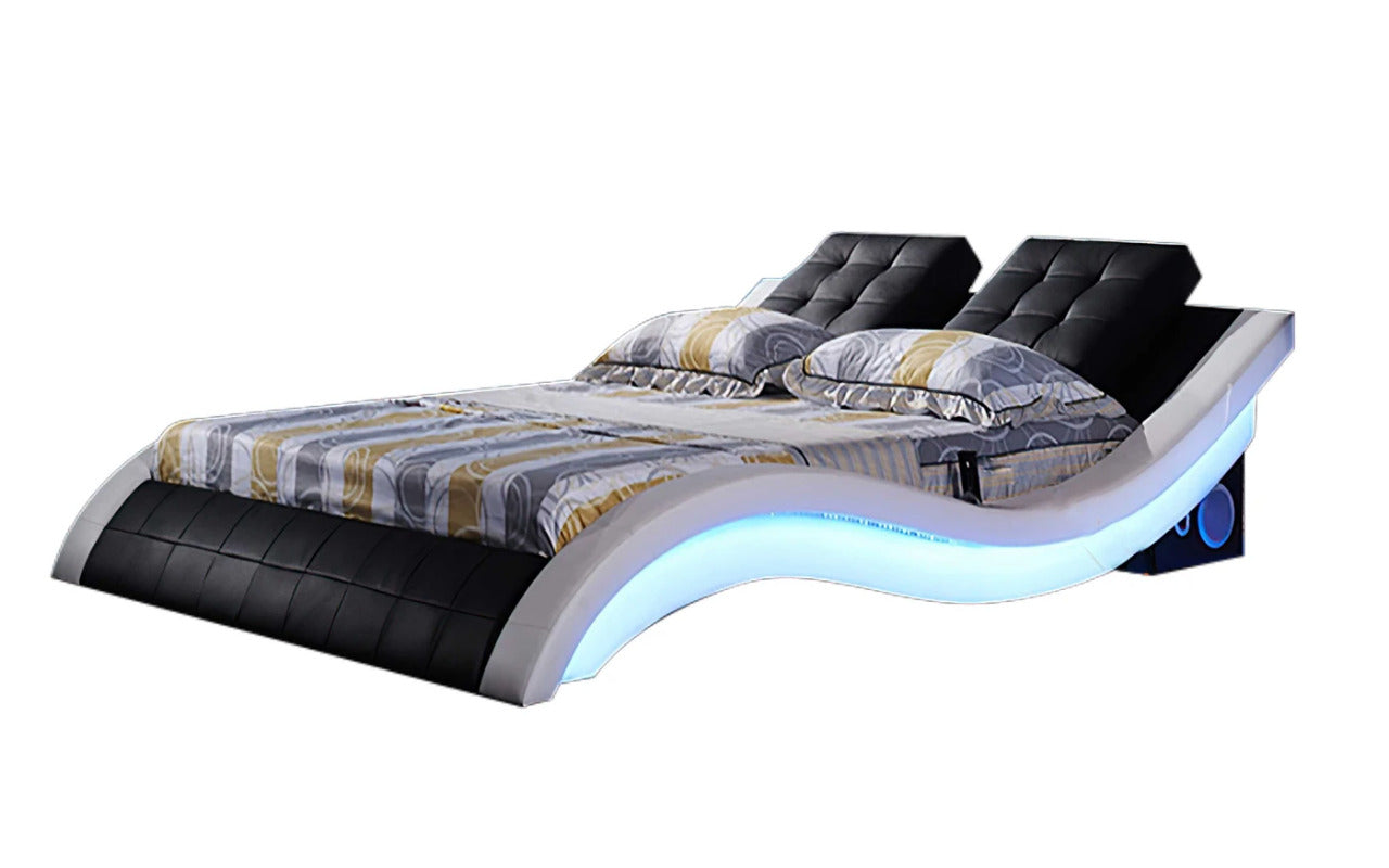 Queen Size: Black & White Leatherette Queen Size Smart Bed with LED Light