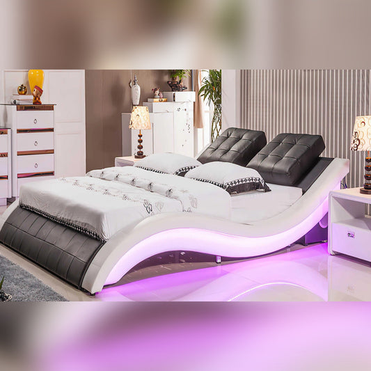 Queen Size Black & White Leatherette Queen Size Smart Bed with LED Light