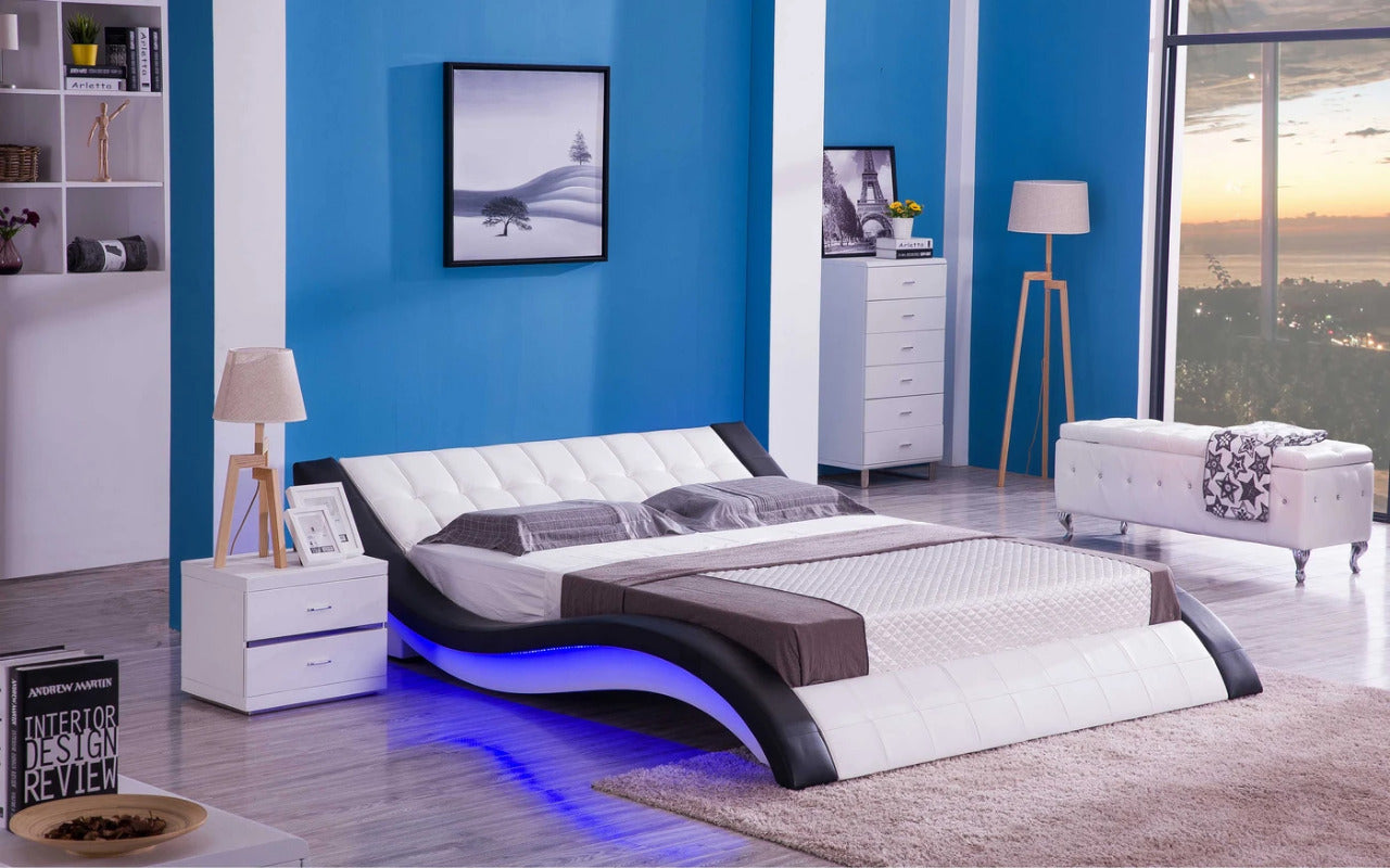 Queen Size: White & Black Leatherette Queen Size Smart Bed with LED Light