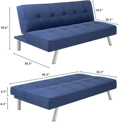 SOFA CUM BED Bed for Living Room Home Office Futon Couch with Chrome Legs (Blue) 