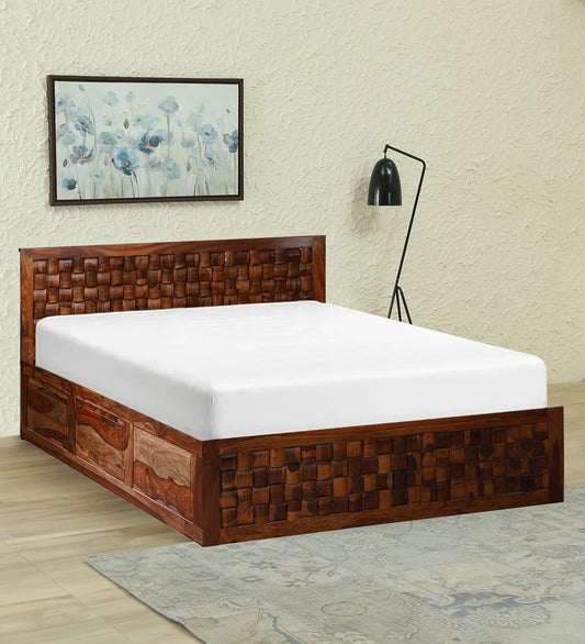 Sheesham Furniture: King Size Double Bed with Front and Top Storage in Honey Oak