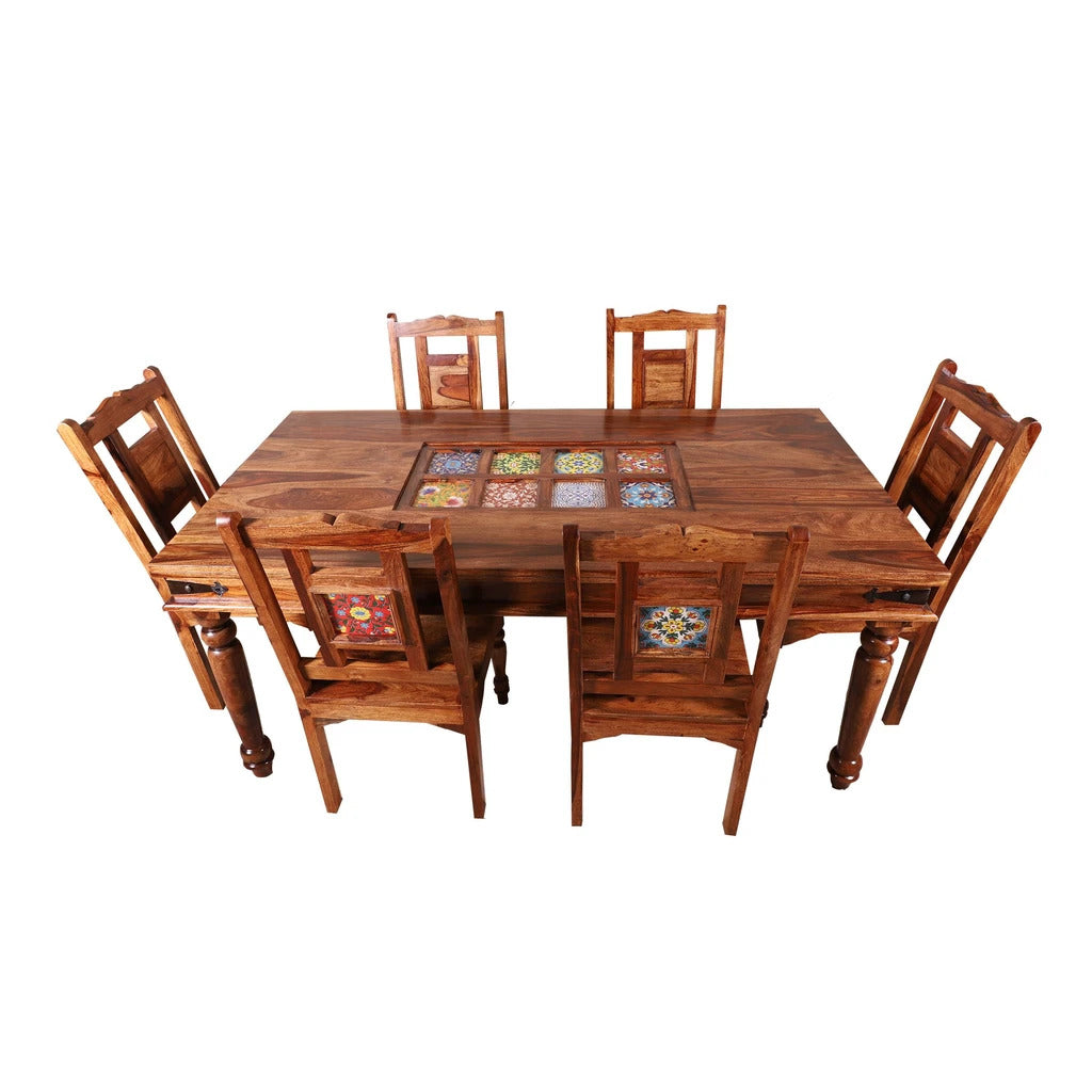 Sheesham Furniture:- Six Seater Ceramic Dining Set 