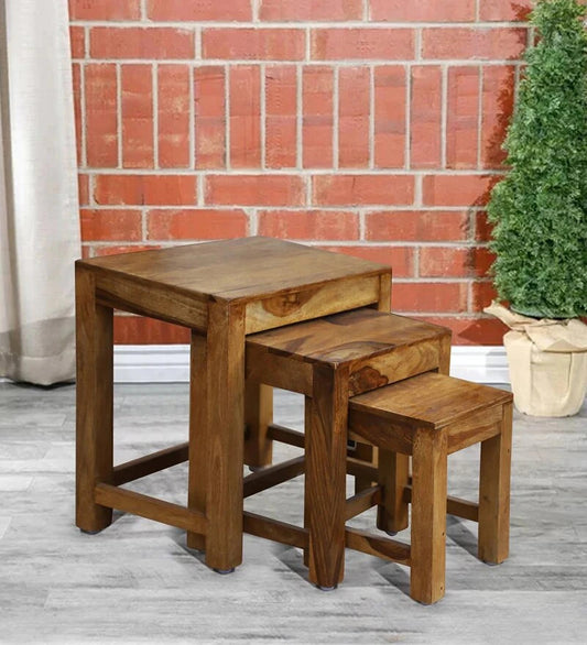 Sheesham Furniture Solid Wood Set of Three End Table in Honey Oak Finished