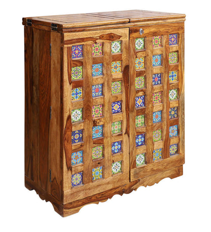 Sheesham Furniture: Solid Wood Two Door Bar Cabinet in Honey Oak Finished