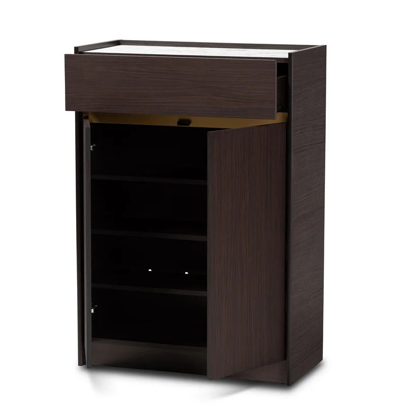 Shoe Rack: Dark Brown And Gold Finished Wood Shoe Cabinet With Faux Marble Top