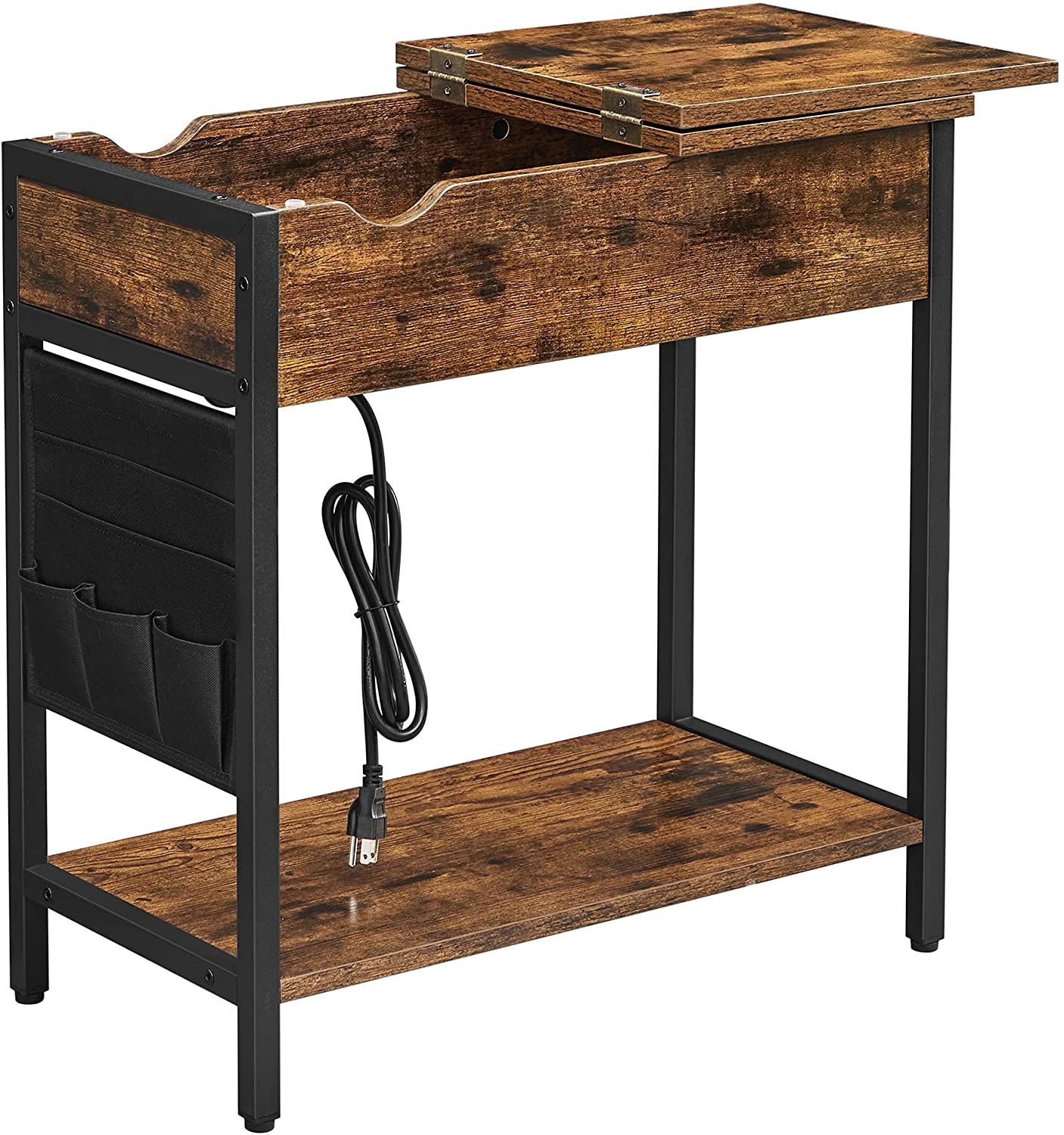 Side Table Storage Shelf and Fabric Bag, for Living Room, Bedroom, Rustic Brown and Black