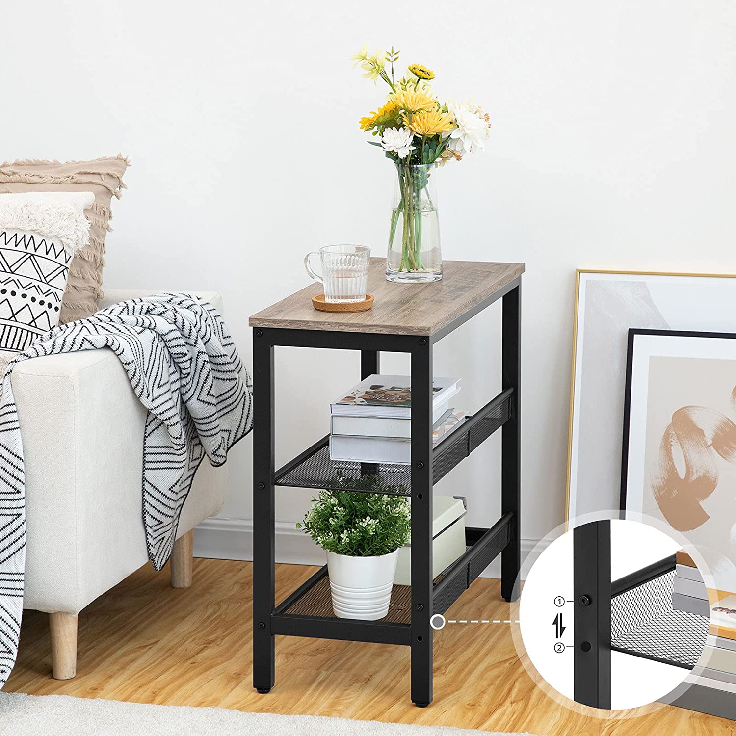 Side Tables 2 Flat or Slant Adjustable Shelves for Small Spaces, Hallway, Living Room, Bedroom, Sturdy, Easy Assembly, Greige and Black