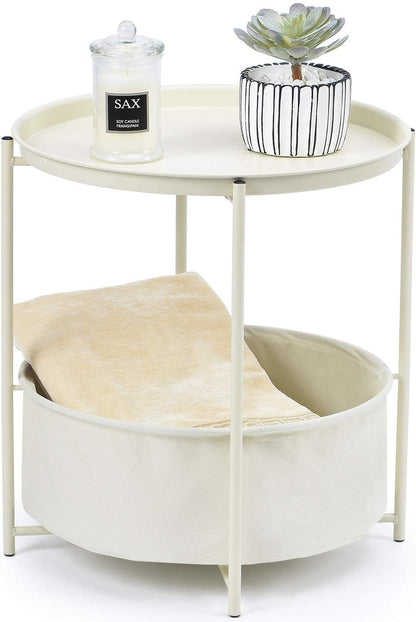 Side Tables Coffee Round Table with Detachable Tray Top and Fabric Storage Basket, Scandi Style Table for Living Room Bedroom (Cream) 
