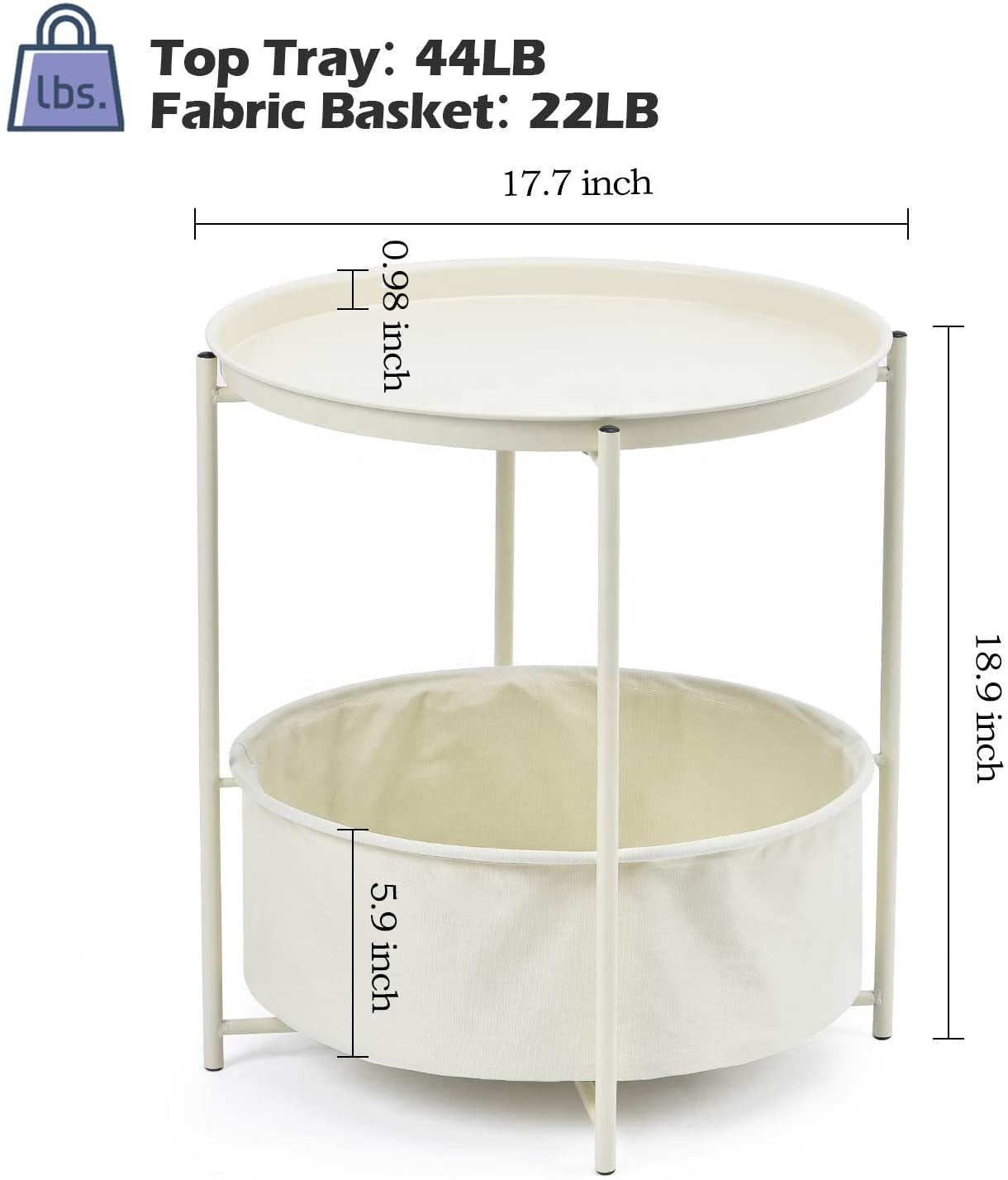 Side Tables: Coffee Round Table with Detachable Tray Top and Fabric Storage Basket, Scandi Style Table for Living Room (Cream)