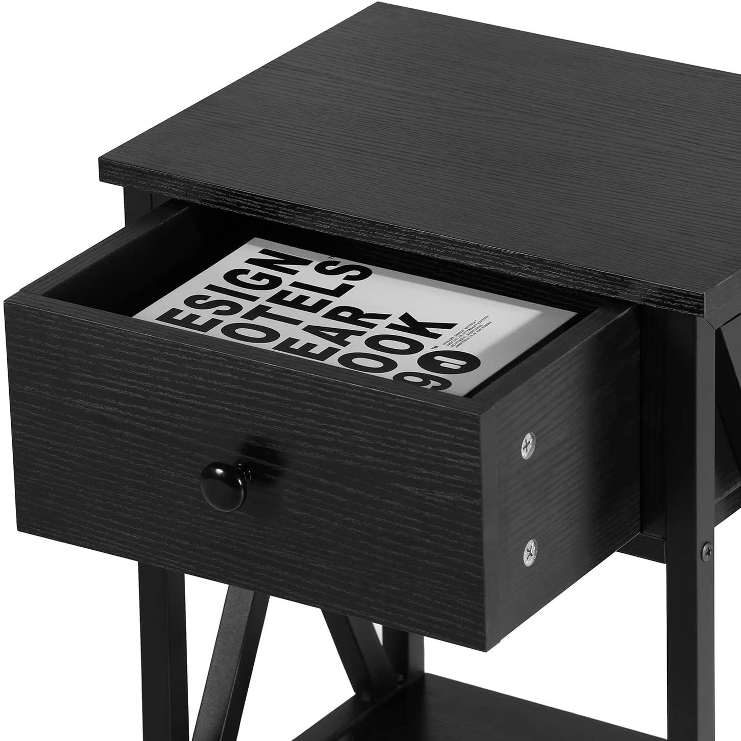 Side Tables Design Side End Table Night Stand Storage Shelf with Bin Drawer for Living Room Bedroom, Set of 2 (Black) 