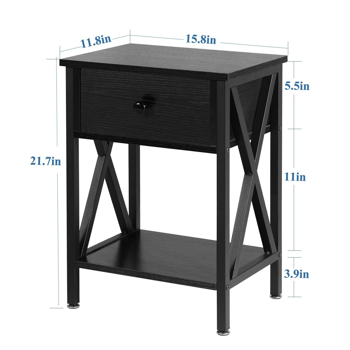 Side Tables: Design Side End Table Night Stand Storage Shelf with Bin Drawer for Living Room Set of 2 (Black)
