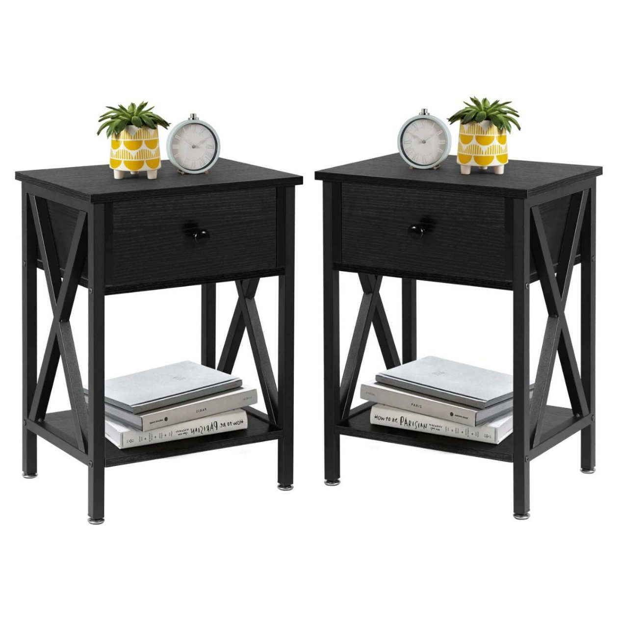 Side Tables Design Side End Table Night Stand Storage Shelf with Bin Drawer for Living Room Set of 2 (Black)