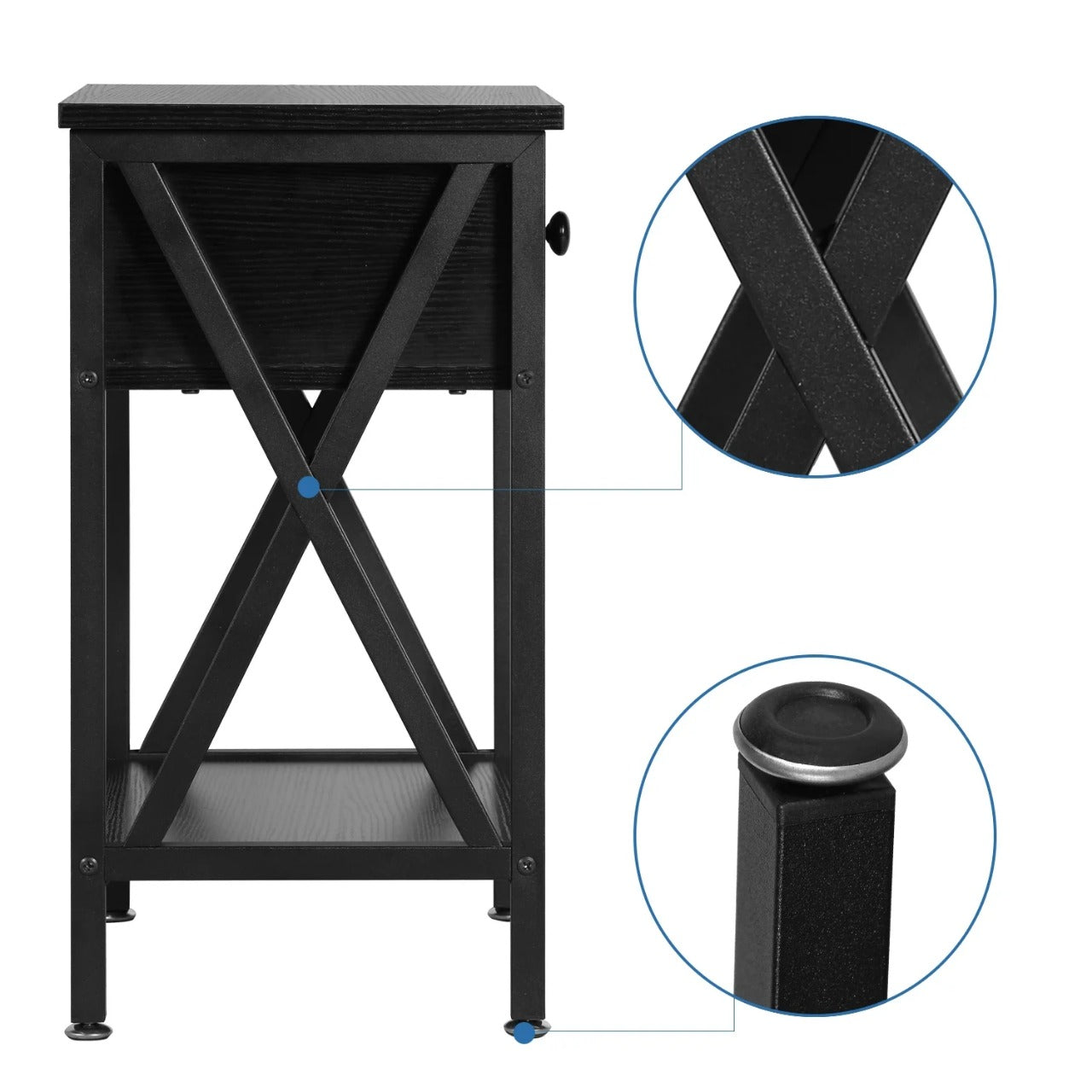 Side Tables: Design Side End Table Night Stand Storage Shelf with Bin Drawer for Living Room Set of 2 (Black)