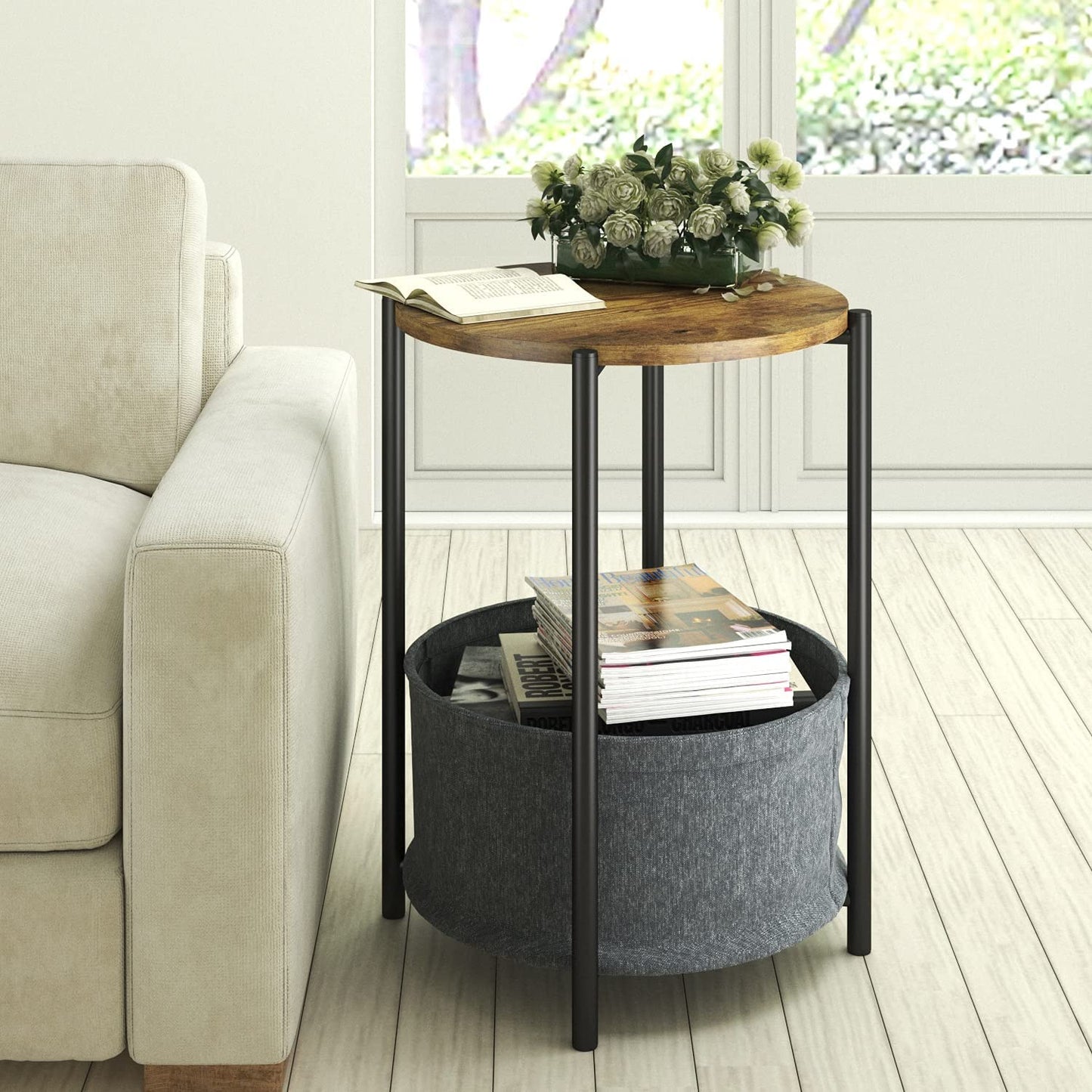Side Tables Industrial End Table, Bedside Table, Coffee Table with Metal Frame, Accent Table,  Height, Wooden, Brown 