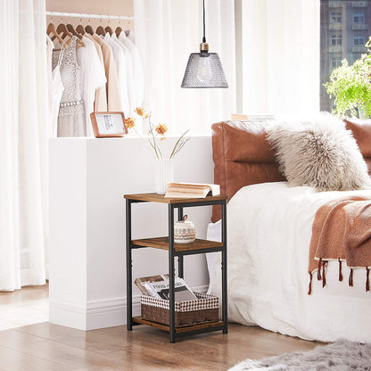 Side Tables: Rustic Brown and Black End Table with Storage Shelves