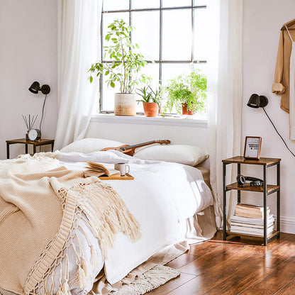 Side Tables: Rustic Brown and Black End Table with Storage Shelves