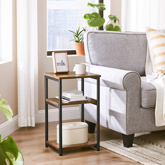 Side Tables: Rustic Brown and Black End Table with Storage Shelves