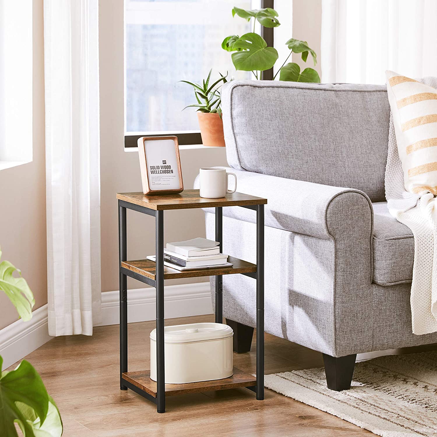 Side Tables: Rustic Brown and Black End Table with Storage Shelves