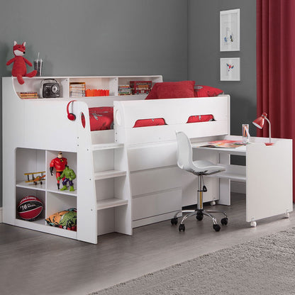 Single Bed: White Midsleeper with Storage and Desk