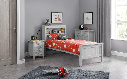 Single Bed: Grey Bed with Shelf Single Bed