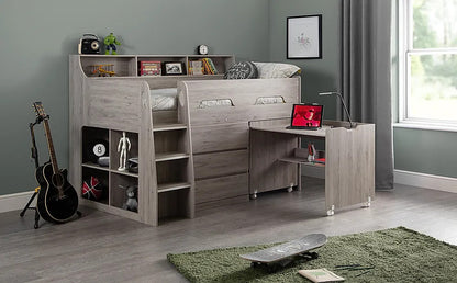Single Bed: Grey Midsleeper with Storage and Desk Single Bed