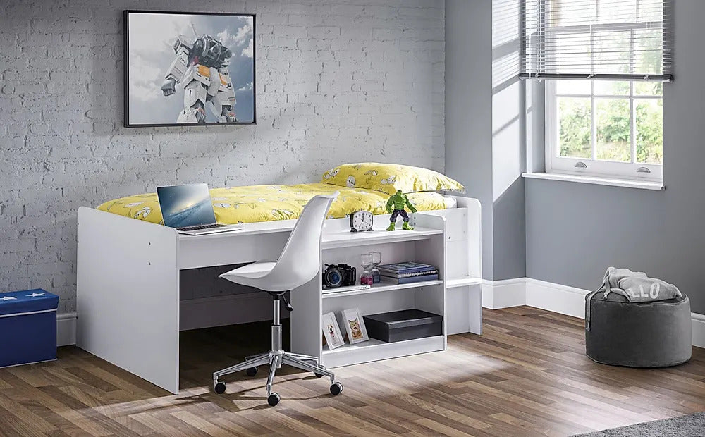 Single Bed: White Midsleeper with Desk Single Bed