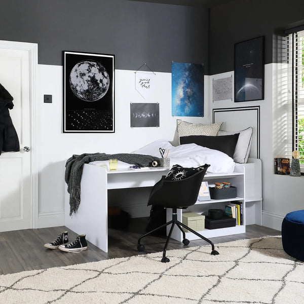 Single Bed: White Midsleeper with Desk Single Bed