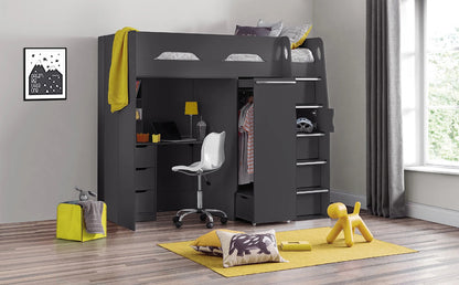 Single Highsleeper Bed: Dark Grey Wardrobe with Storage and Desk Single Highsleeper Bed Dark Grey Wardrobe with Storage and Desk