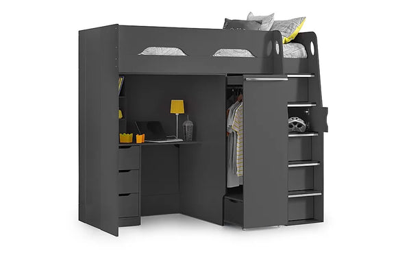 Single Highsleeper Bed: Dark Grey Wardrobe with Storage and Desk 