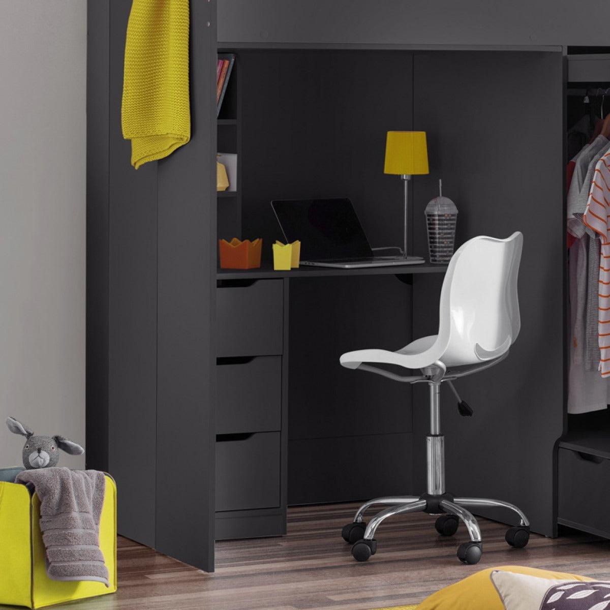 Single Highsleeper Bed Dark Grey Wardrobe with Storage and Desk