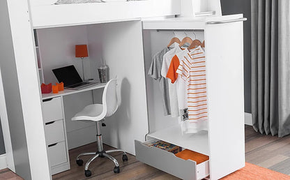 Single Highsleeper Bed: White Wardrobe with Storage and Desk