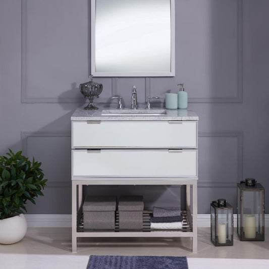 Single Sink Vanities: 32 in. Marble Topped Mirrored Vanity with Sink