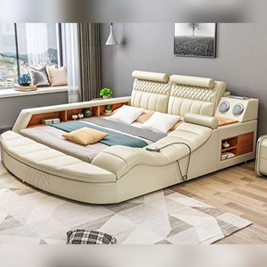 Smart Bed Hardwood Leatherette Bed with End Bench Sofa Massage (Beige)